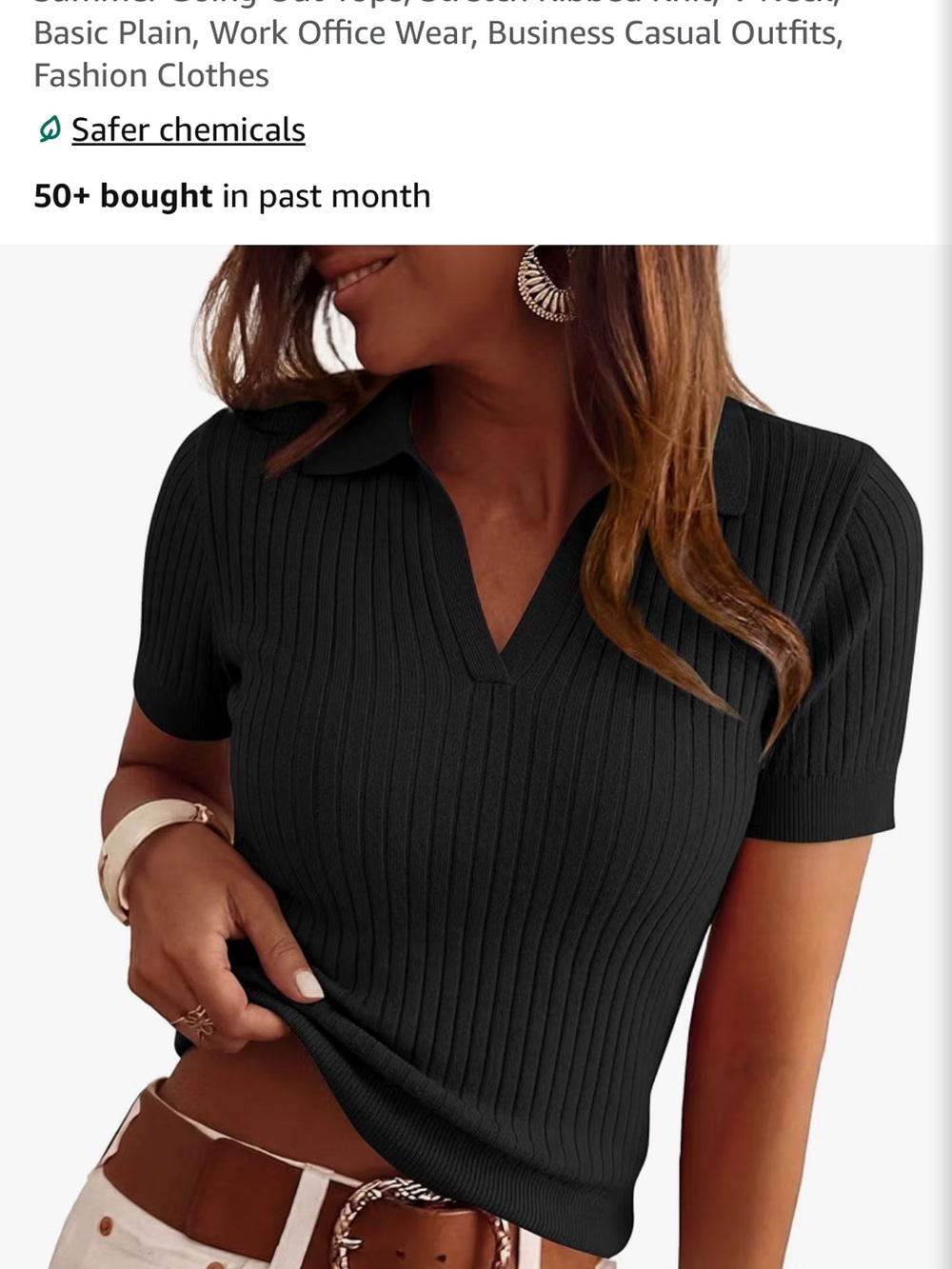 Ribbed Short-Sleeve Polo Top - Black